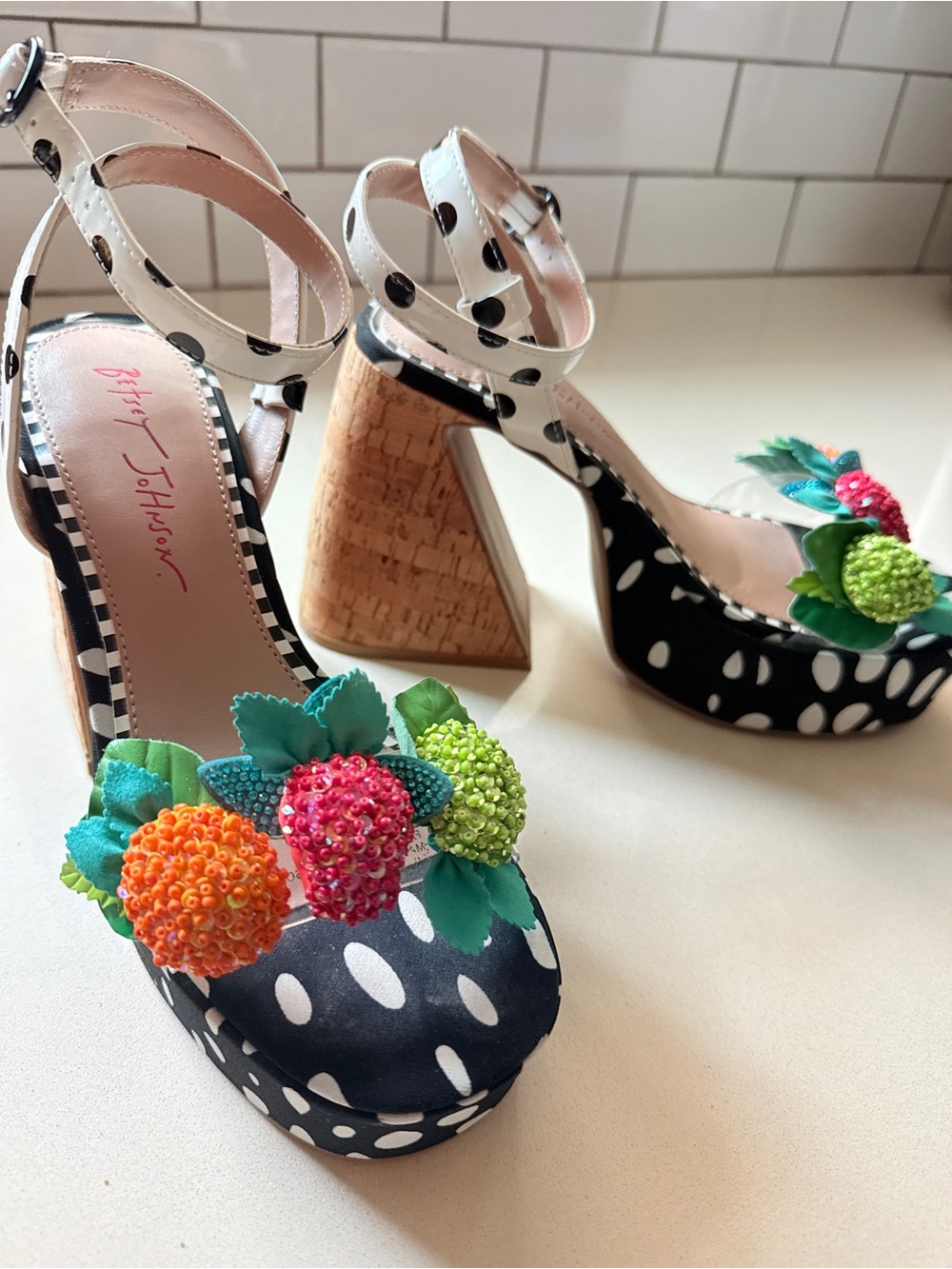 Betsey Johnson Women's “Sprite” Fruit bead
Embellished Chunky Heels Sandals 7